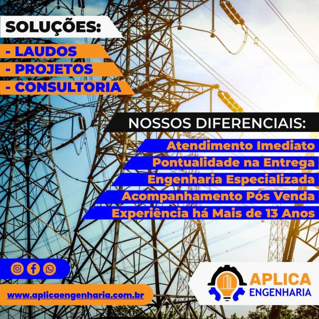 Rede de transmissão de energia elétrica com texto dos serviços da empresa Aplica Engenharia