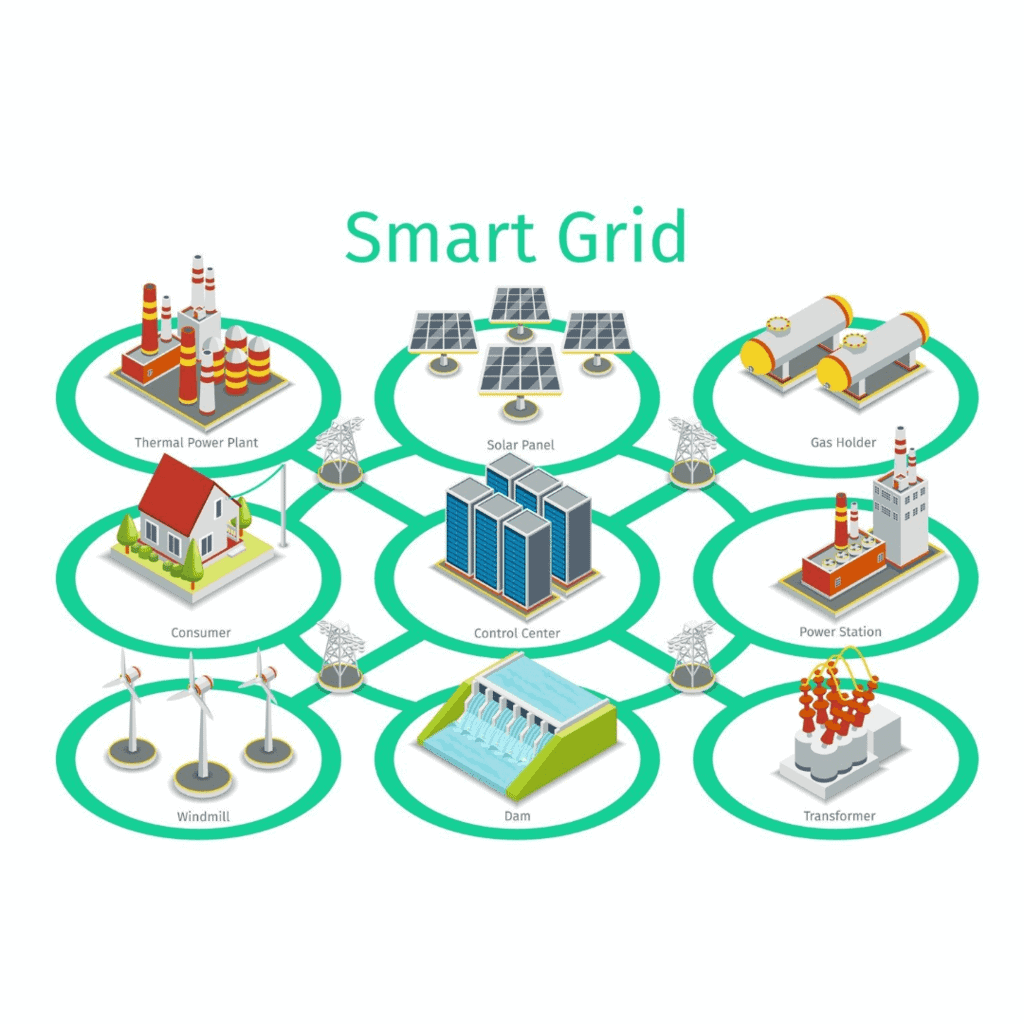 Imagem de vetores sobre sistema smart grid onde mostras a distribição das principais fontes de energia elétrica