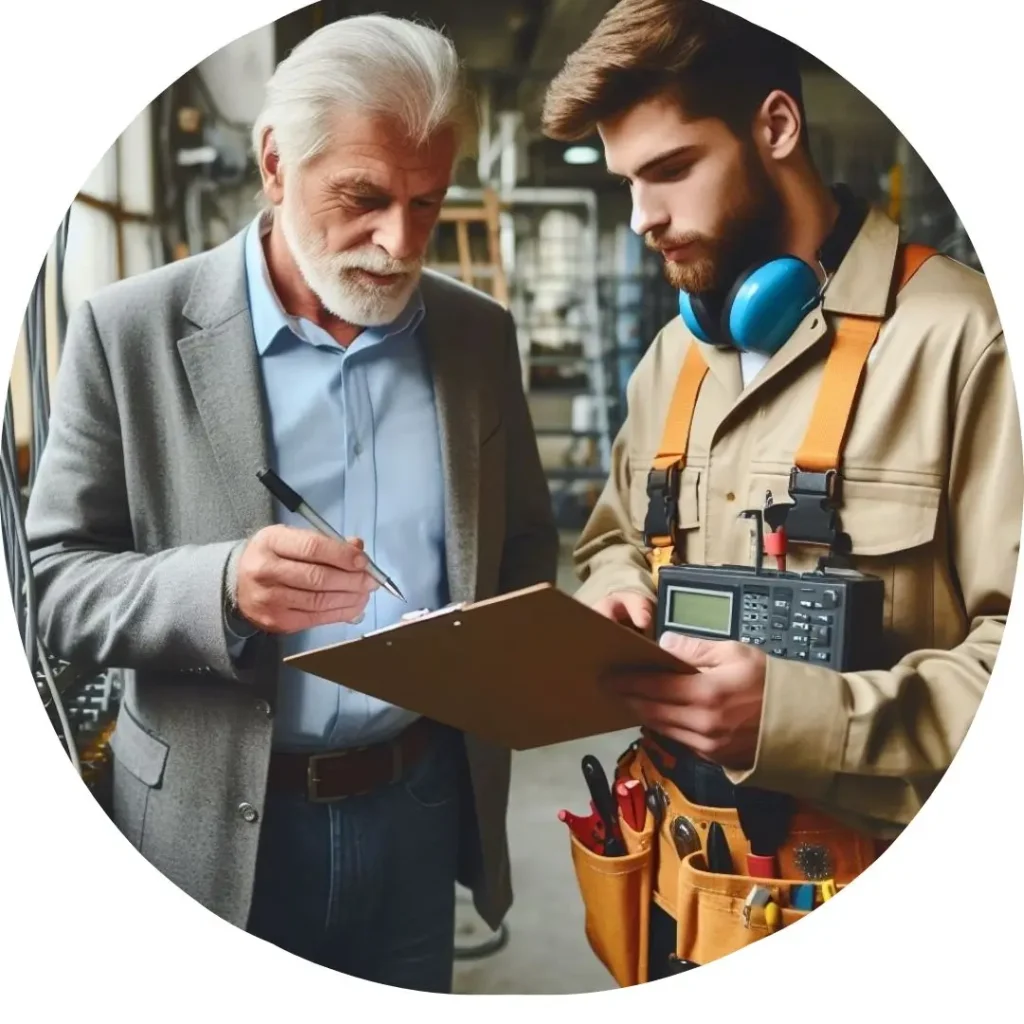 Engenheiro explicando relatório ao eletriicista para realizar um lado de aterramento elétrico no setor industrial.