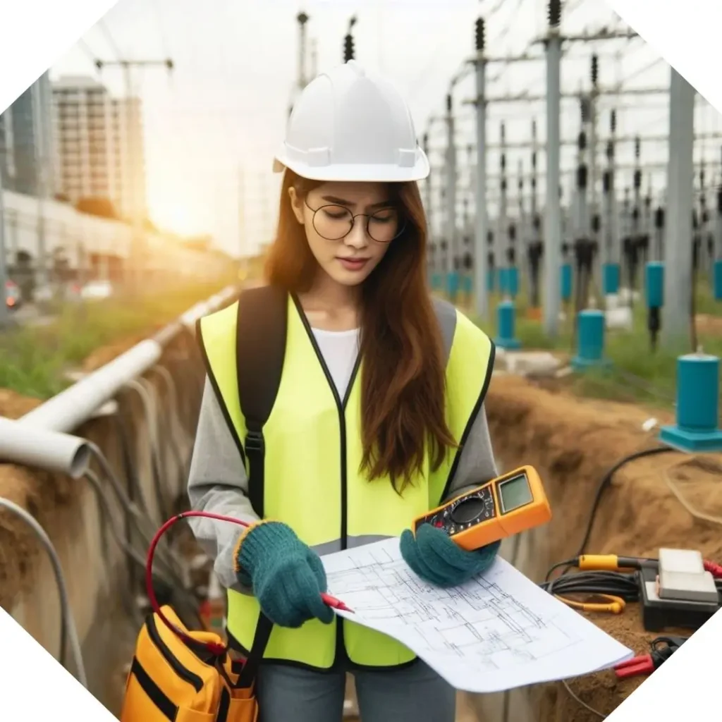 Engenheira com projeto de Aterramento elétrico na mão e com um aparelho de medição de aterramento.