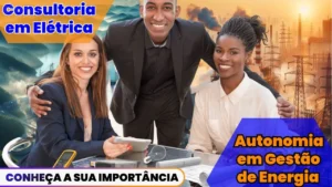 Três profissionais executivos consultores da elétrica na mesa com equipamentos elétricos sobre a mesa com fundo de usinas hidrelétricas e industrias.