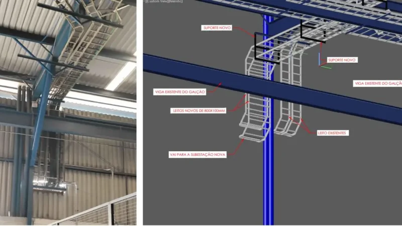 Comparativo de uma imagem com um detalhe em 3D de encaminhamento de cabos aparentes para uma instalação.