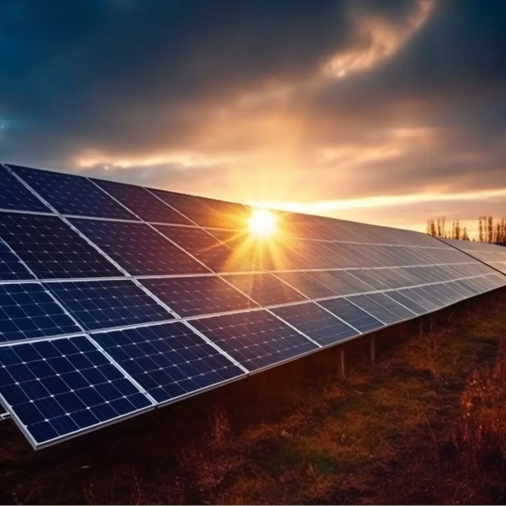 Sistema de módulos fotovoltaicos instalados no solo com um sol brilando por cima das placas.