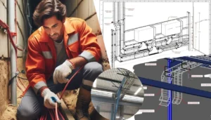 pessoa com luvas verificando cabos elétricos com detalhe de um projeto tridimensional de rotas de cabo ao lado e uma imagem de leitos para cabos.