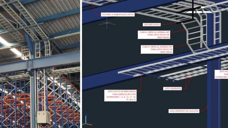 Comparativo de uma imagem com um detalhe em 3D de rotas de cabos aparentes para uma instalação.