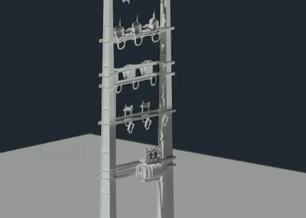 Renderização tridimensional de dois postes de concreto com fixação de equipamentos para conexão de rede elétrica de alta tensão.