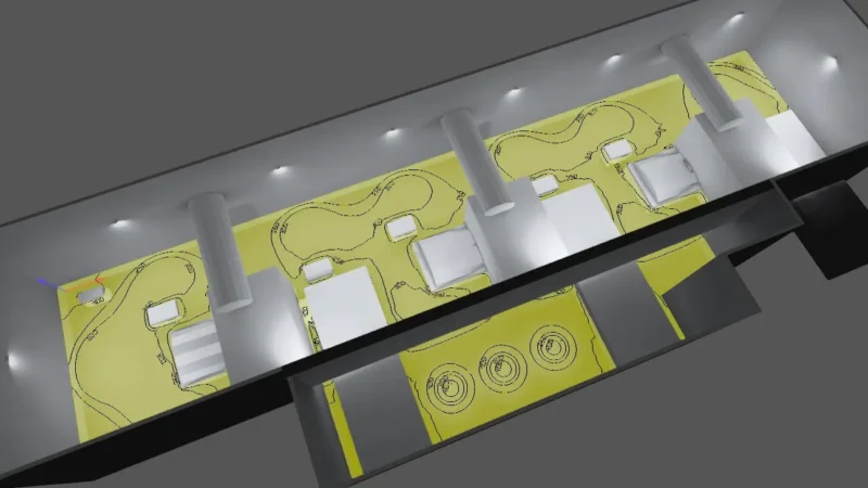 projeto luminotécnico com simulação de luminosidade de um interior de um estabelecimento.