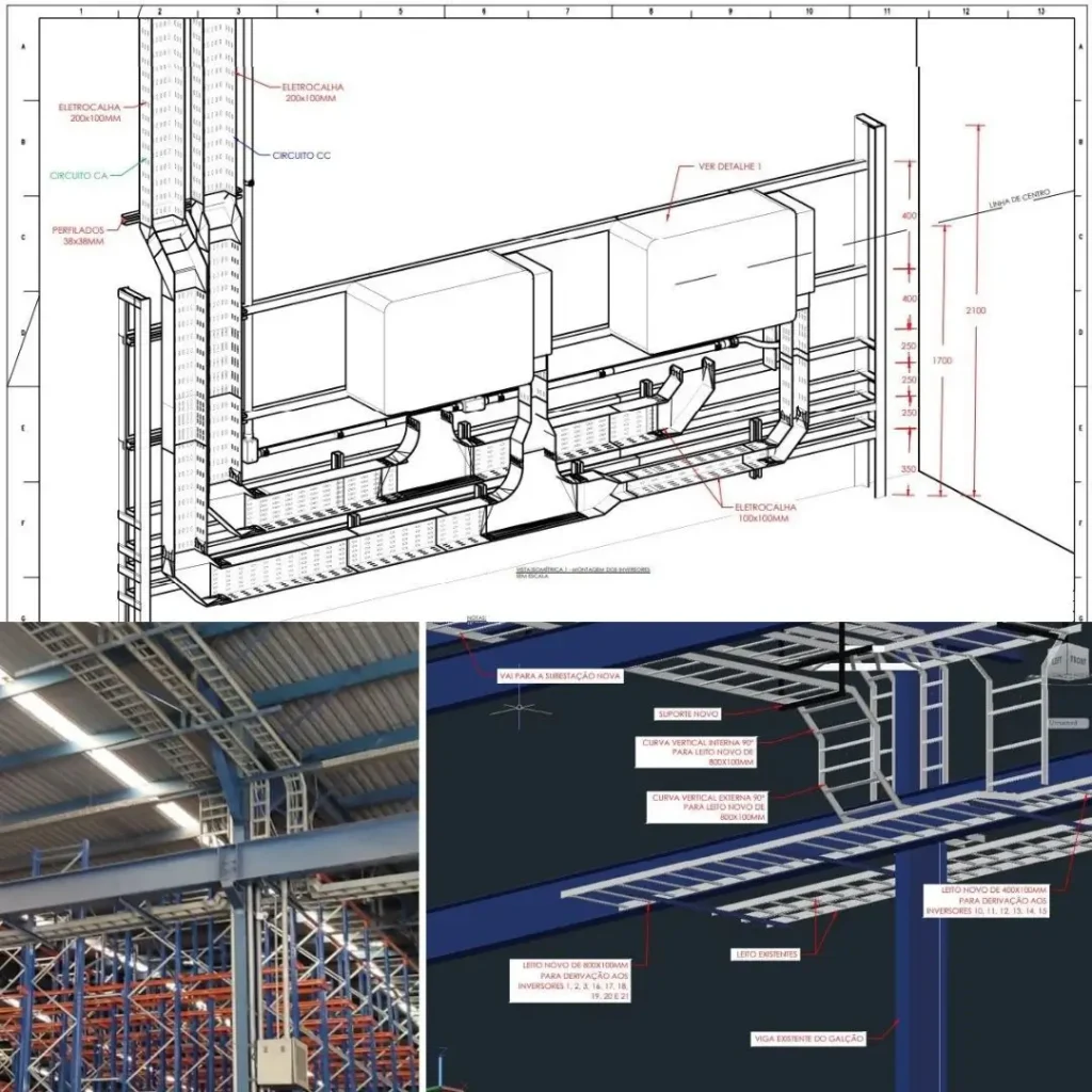 projetos em 3D de estruturas e bandejas para rotas de cabos elétricos.