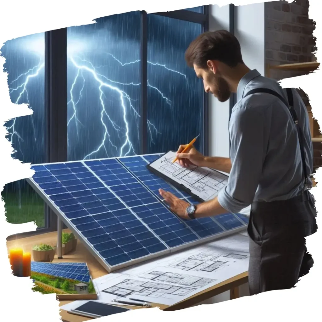 Profissional dimensionando sistema de proteção contra descargas atmosféricas para uma instalação de sistema solar de energia.