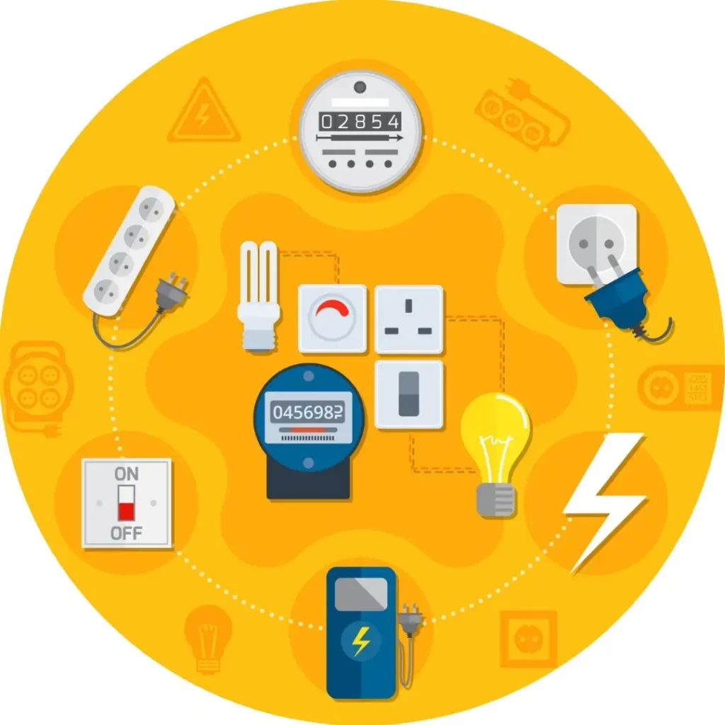 Imagem ilustrativa com fundo amarelo e laranjado, com desenhos de equipamentos elétricos.