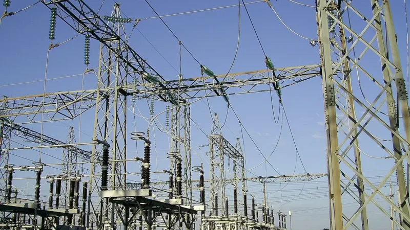 Subestação de uso ao tempo em 230kV com postes e equipamentos elétricos.