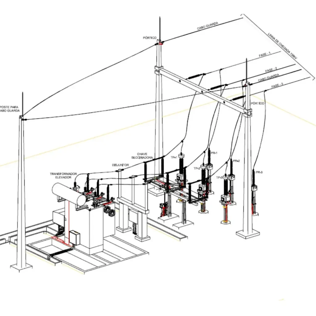 Vista isométrica um uma subestação de energia desenhada em 3D.