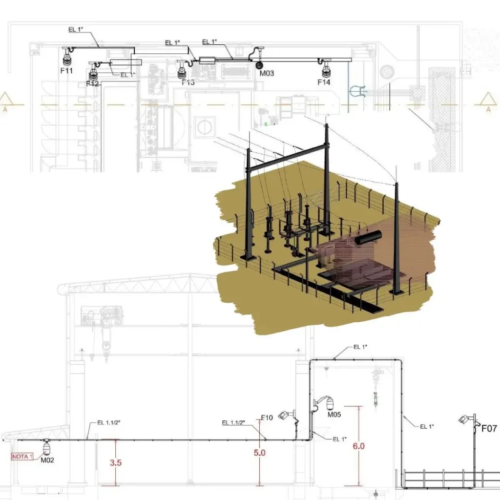 Projeto 3d de uma subestação de alta tensão com a cobertura de uma câmera cftv. No fundo, um projeto detalhado de sistema CFTV.