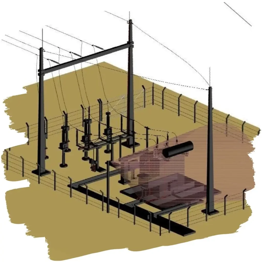 Projeto tridimensional de uma subestação que demonstra a área de cobertura de monitoramento de uma câmera CFTV.