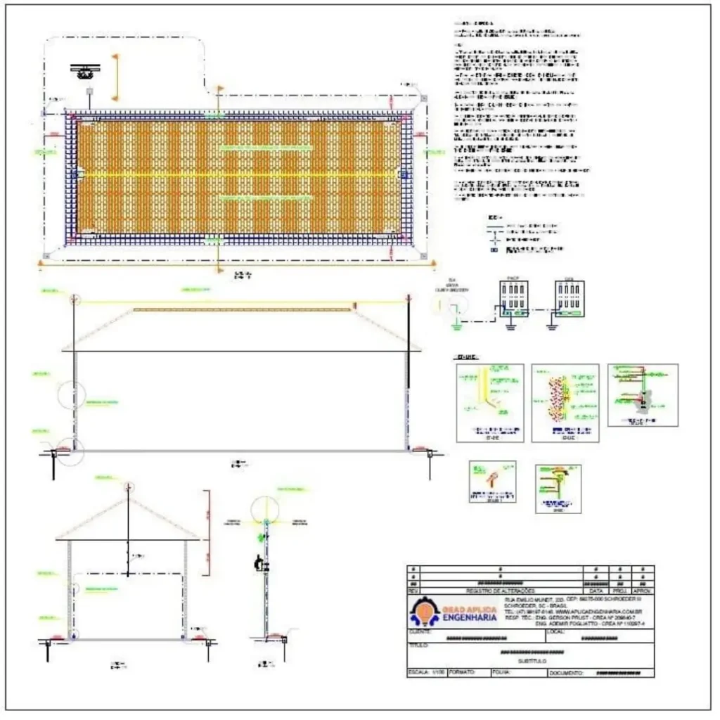 Projeto de SPDA com planta baixa e vista lateral e detalhes de conexão do sistema.