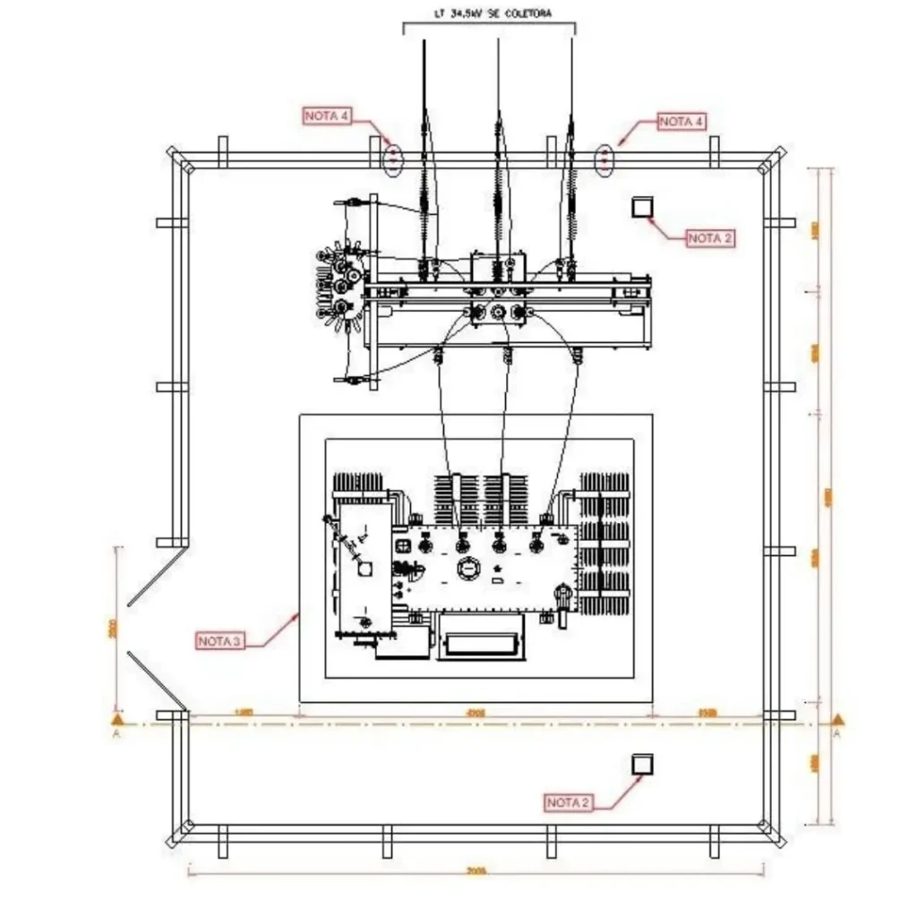 Planta baixa de uma subestação de uso ao tempo de 34,5kV.