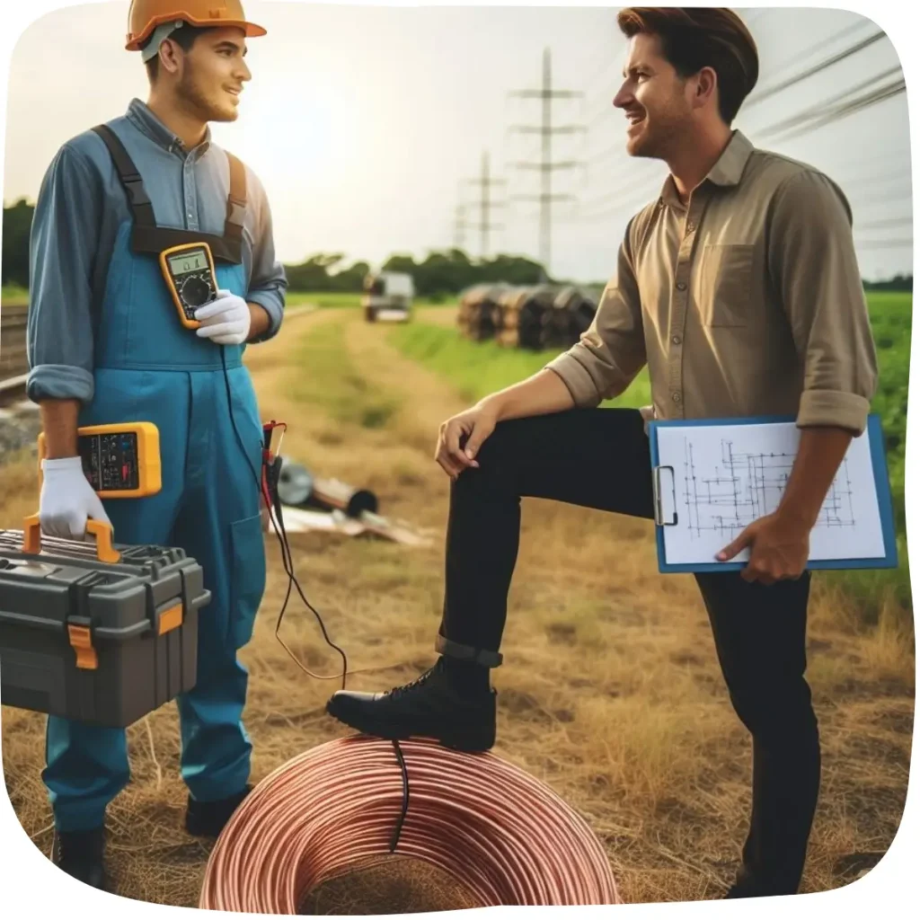 Engenheiro eletricista e técnico conversando em campo sobre um projeto de aterramento, com cabos e equipamentos de medição.