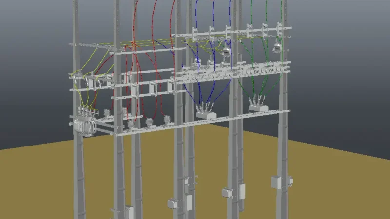 Projeto tridimensional de postes para ancoragem de rede elétrica.