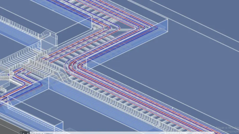 Projeto tridimensioal do encaminhamento de cabos elétricos subterrâneos.