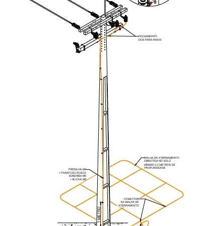 Detalhe de aterramento elétrico em poste: cabo de descida, conexão à malha e haste de aterramento — Aplica Engenharia.