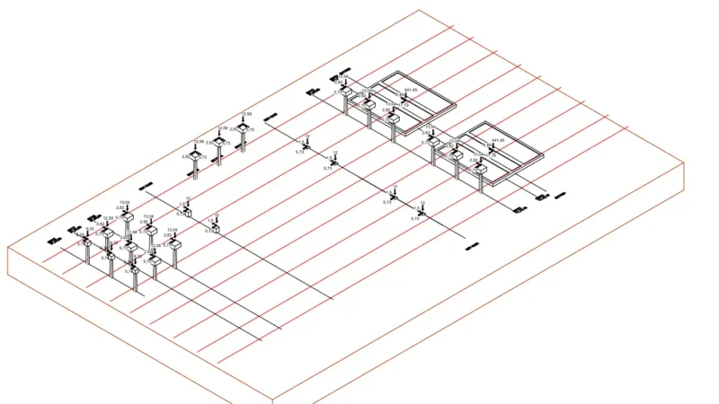 Diagrama isométrico de esforços e reações em estruturas de subestação, com grelha de eixos, bases e valores de carga — Aplica Engenharia.