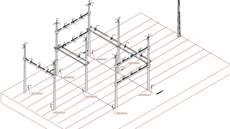 Diagrama isométrico de esforços em pórticos de subestação com grelha de eixos, setas e valores de cargas — Aplica Engenharia.
