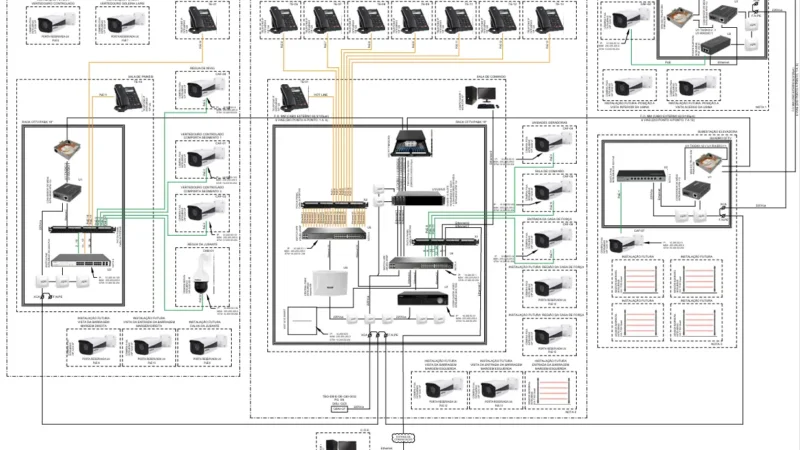 Diagrama lógico do sistema de câmeras CFTV IP com switches PoE, NVR, racks e distribuição de pontos por setor — Aplica Engenharia.
